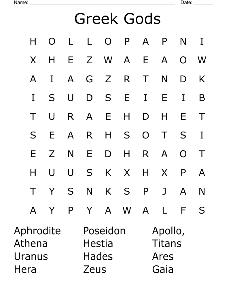Greek Gods Word Search