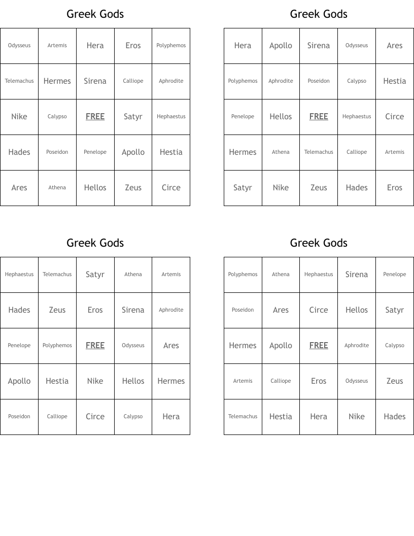 Greek Gods Bingo Cards