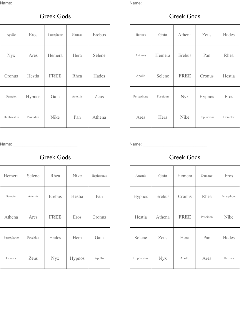 Greek Gods Bingo Cards