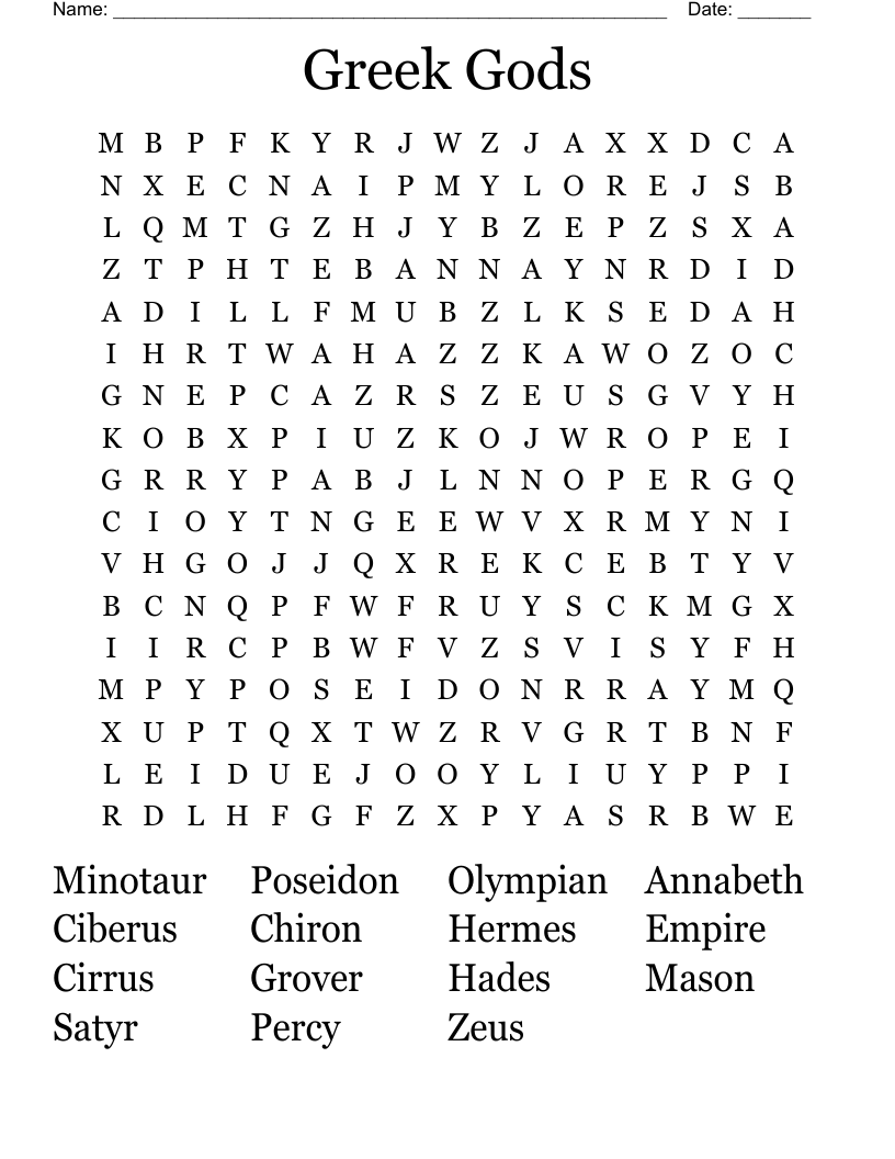 Greek Gods Word Search