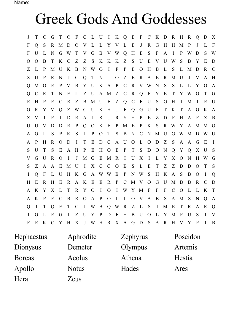 Greek Gods And Goddesses Word Search