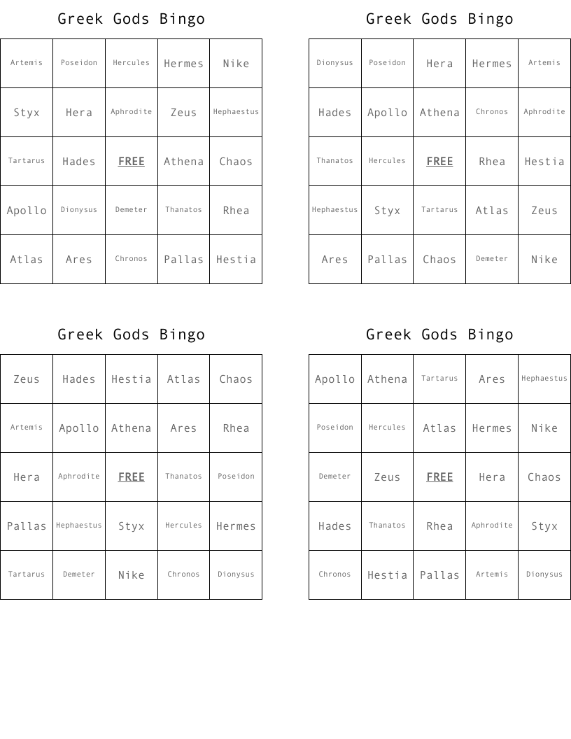 Greek Gods Bingo