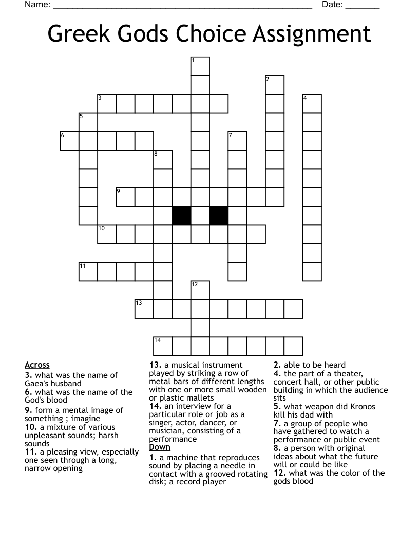 Greek Gods Choice Assignment  Crossword