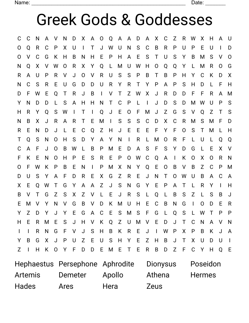 Greek Gods & Goddesses Word Search
