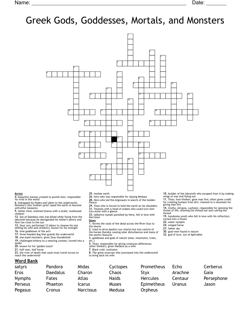 Greek Gods, Goddesses, Mortals, and Monsters Crossword