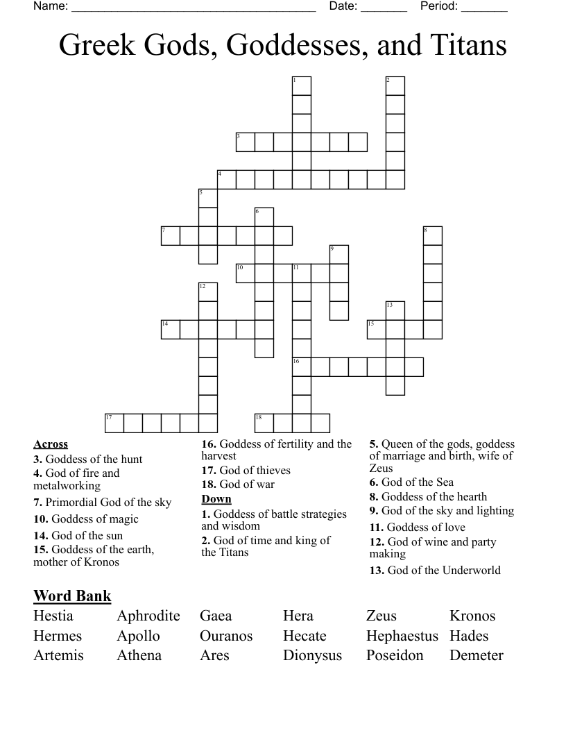 Greek Gods, Goddesses, and Titans Crossword