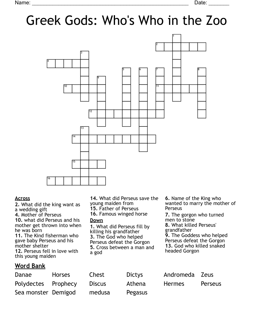 Greek Gods: Who's Who in the Zoo Crossword