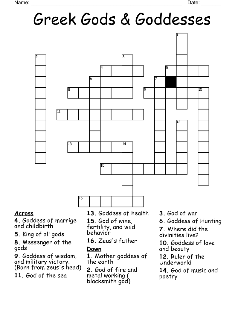 Greek Gods & Goddesses Crossword