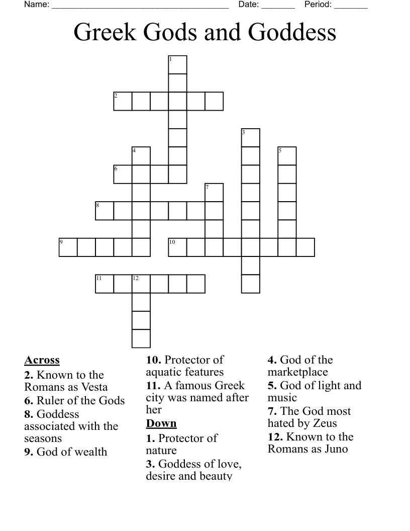 Greek Gods and Goddess Crossword