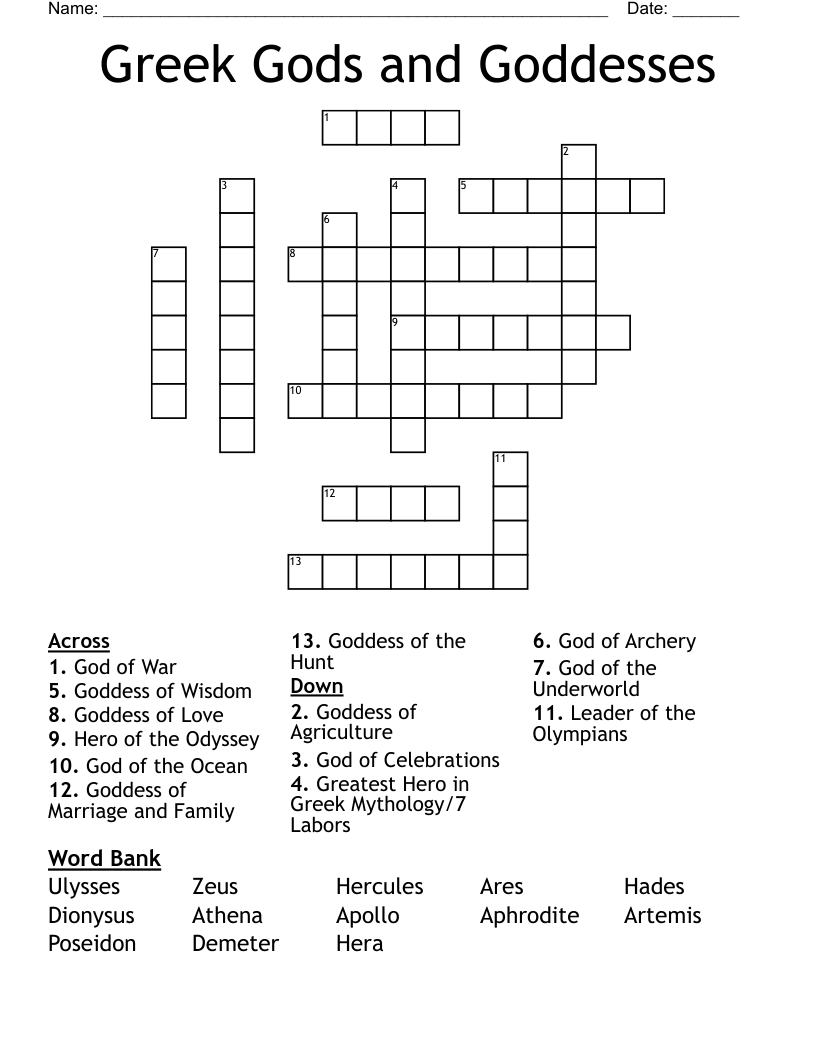 Greek Gods and Goddesses Crossword