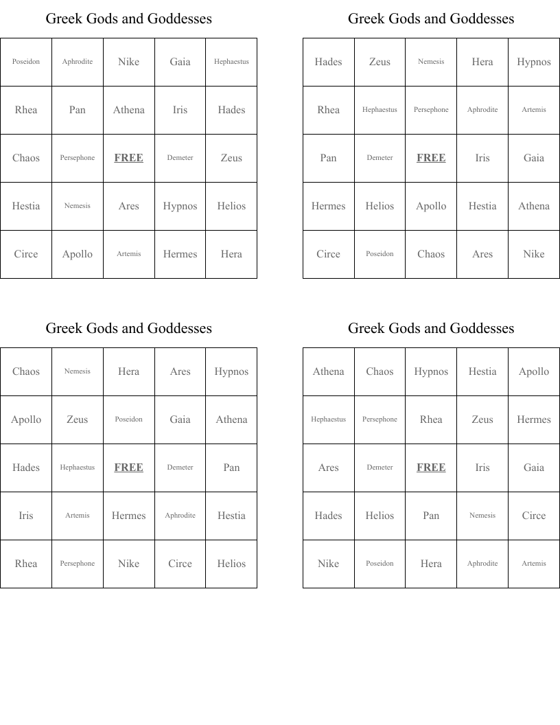 Greek Gods and Goddesses Bingo Cards