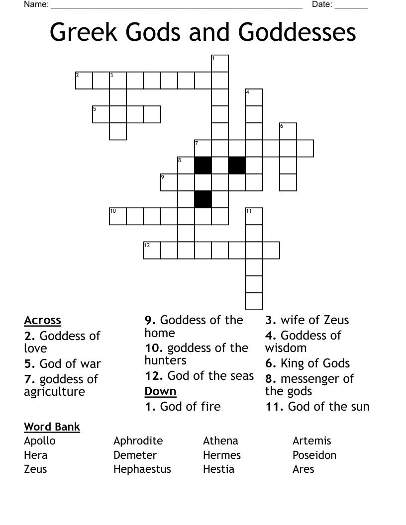 Greek Gods and Goddesses Crossword