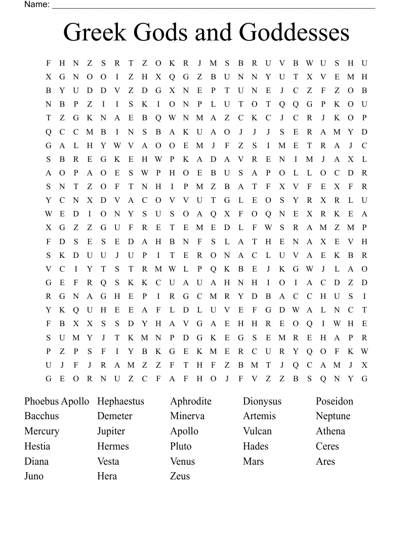 Greek Gods and Goddesses Word Search