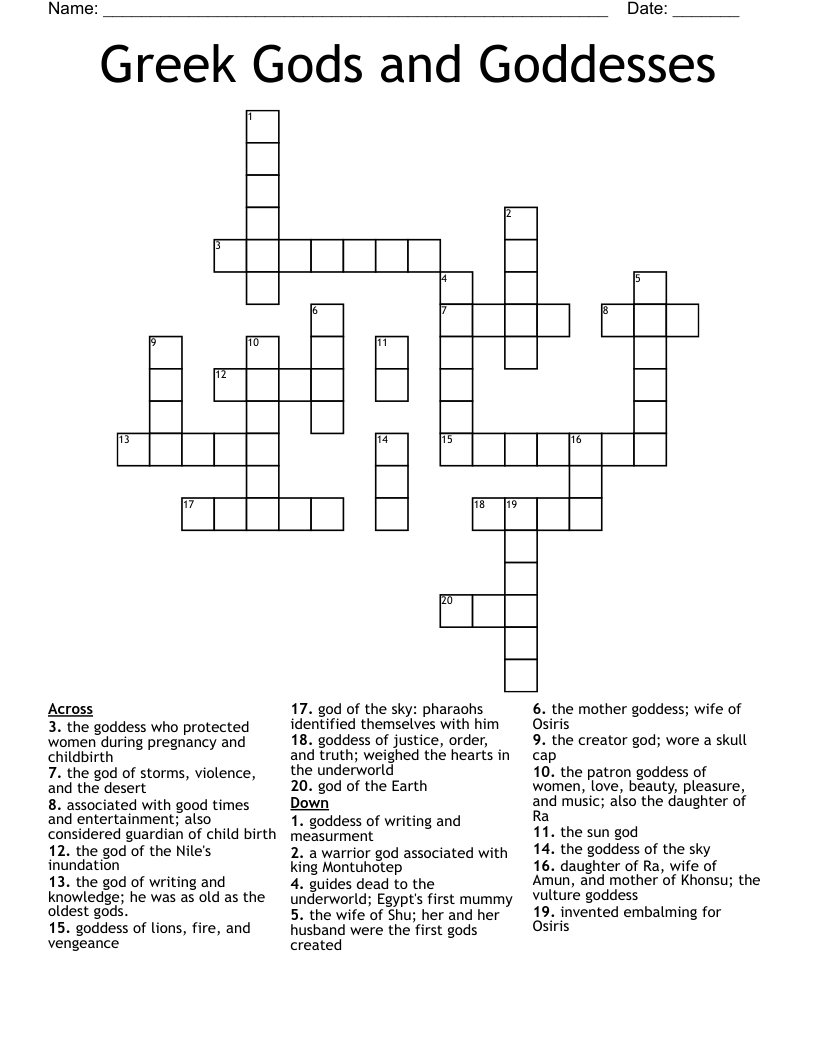Greek Gods and Goddesses Crossword