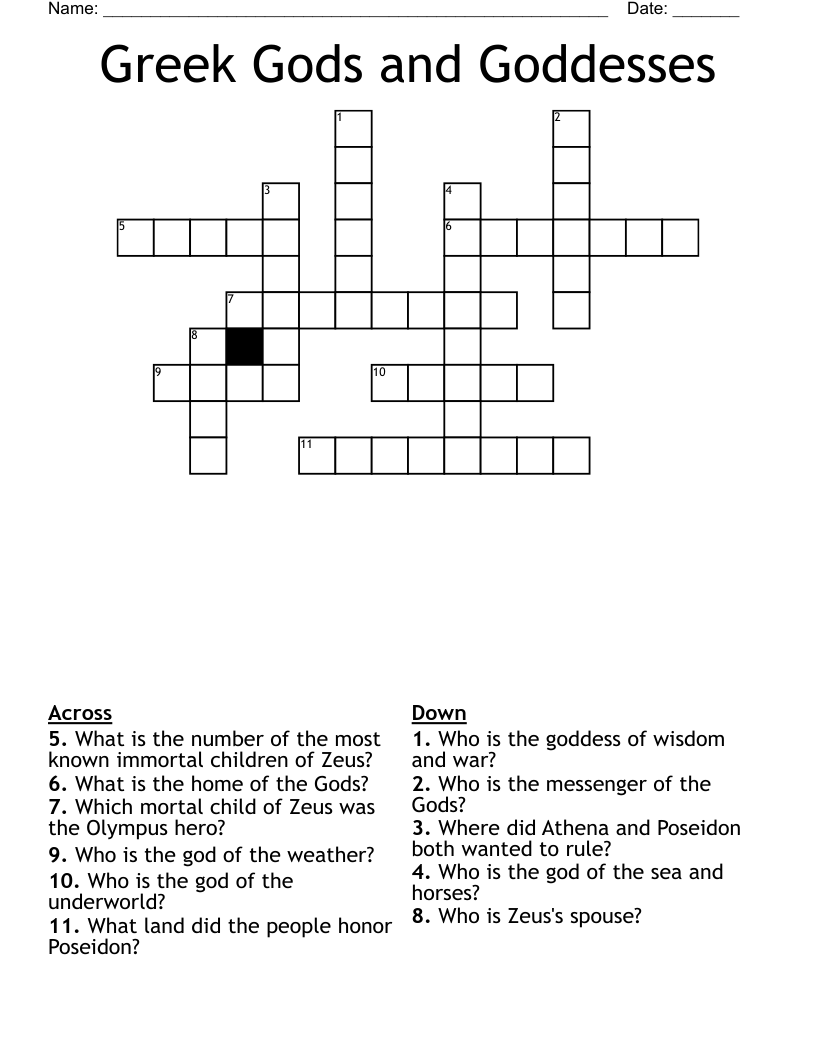 Greek Gods and Goddesses Crossword
