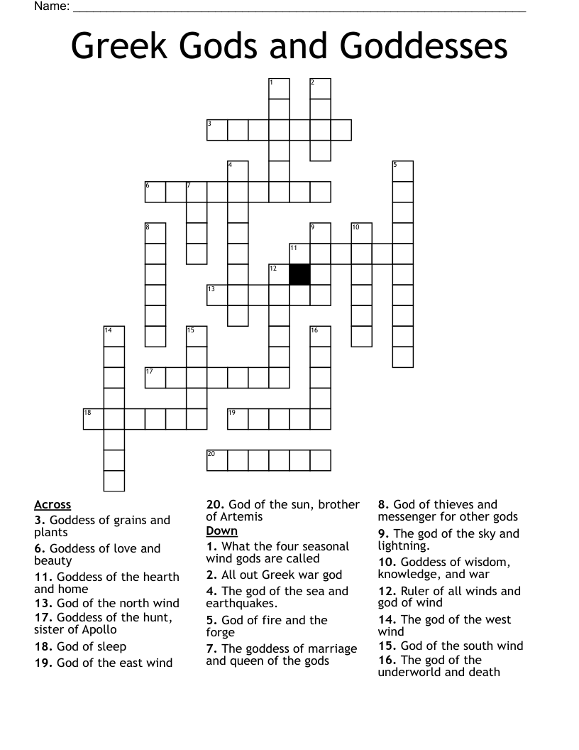 Greek Gods and Goddesses Crossword