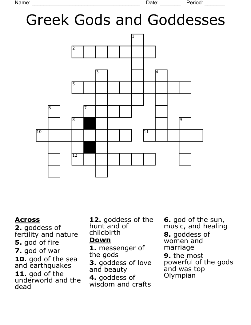 Greek Gods and Goddesses Crossword
