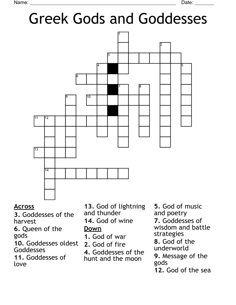 Greek Gods and Goddesses Crossword