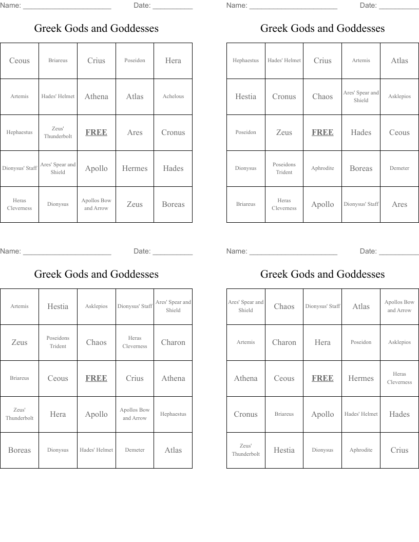 Greek Gods and Goddesses Bingo Cards