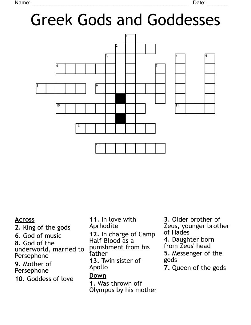 Greek Gods and Goddesses Crossword