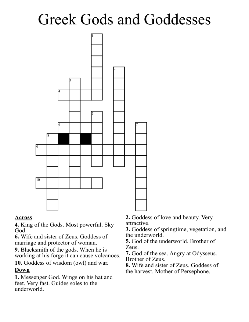 Greek Gods and Goddesses Crossword