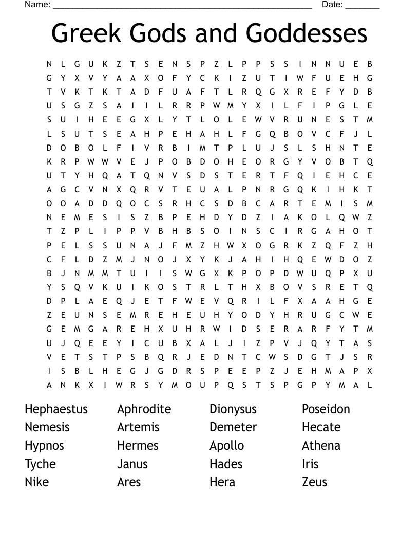 Greek Gods and Goddesses Word Search