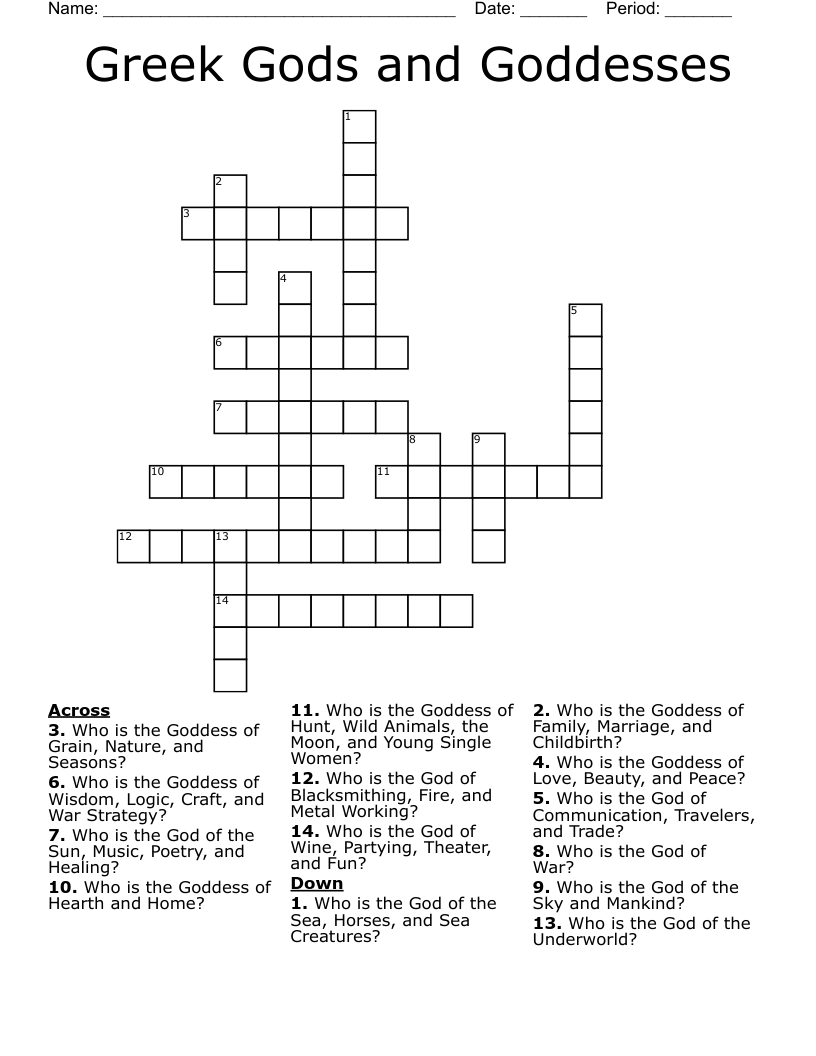 Greek Gods and Goddesses Crossword