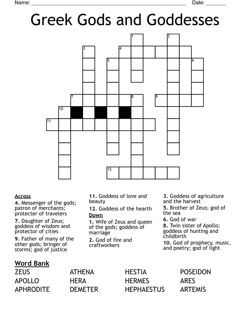 Greek Gods and Goddesses Crossword