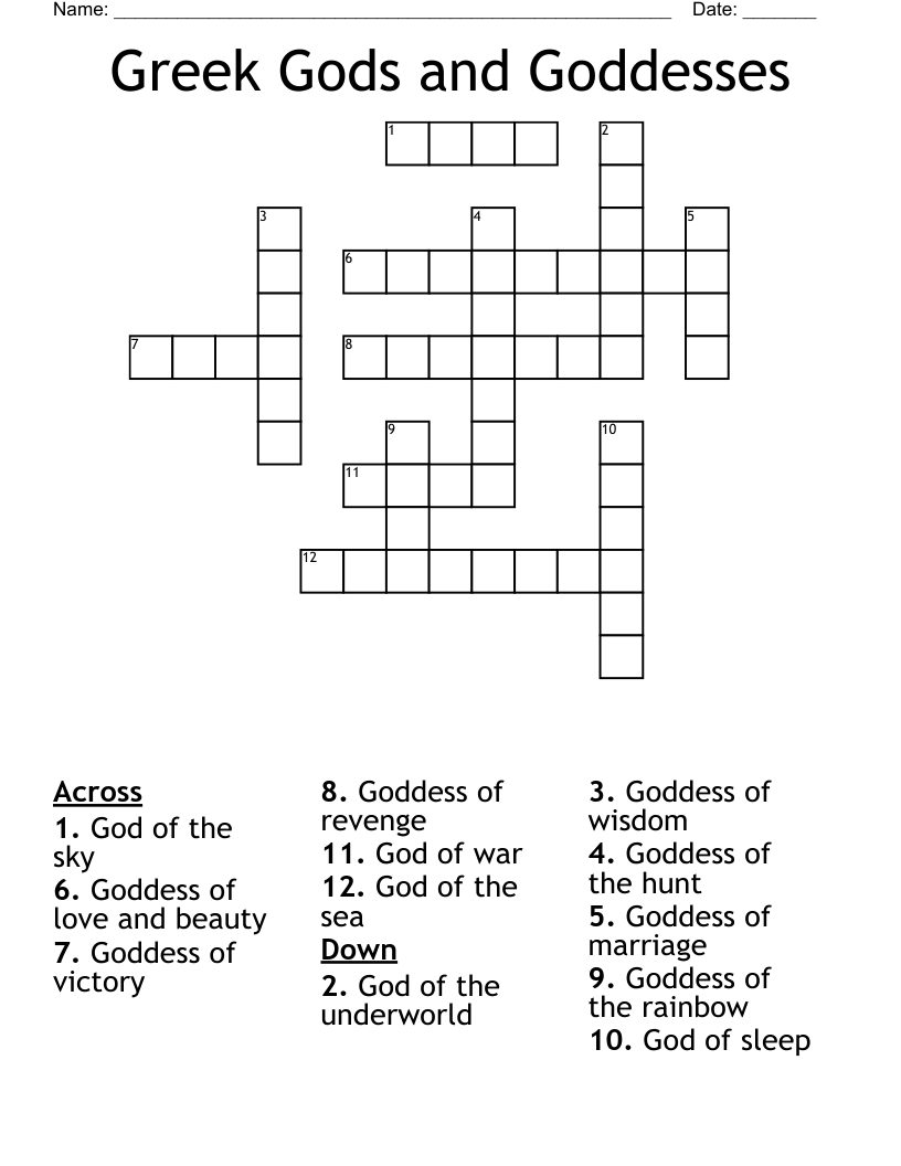 Greek Gods and Goddesses Crossword