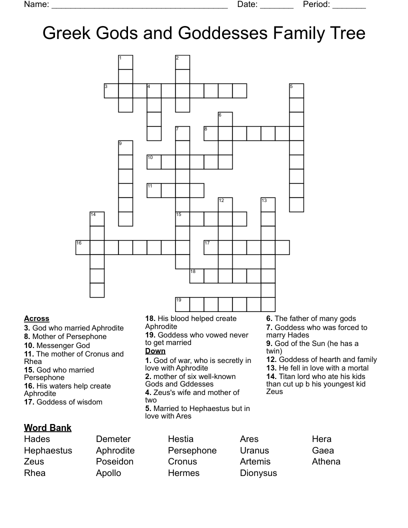 Greek Gods and Goddesses Family Tree Crossword