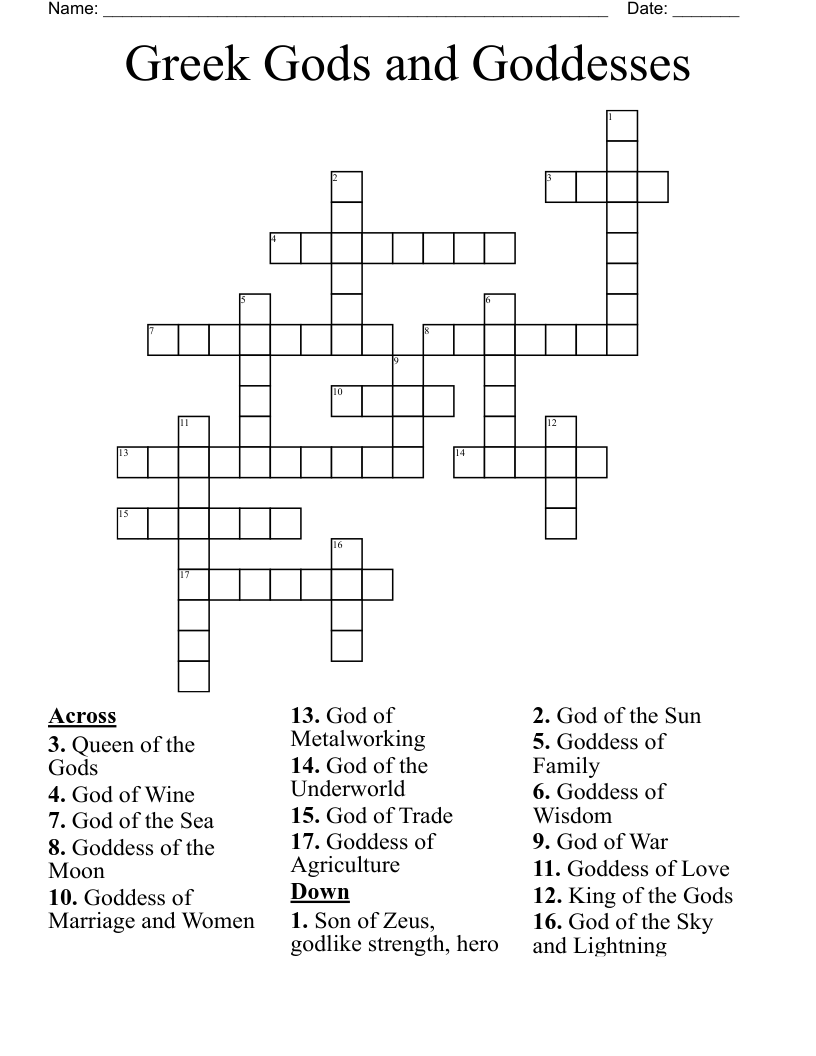 Greek Gods and Goddesses  Crossword