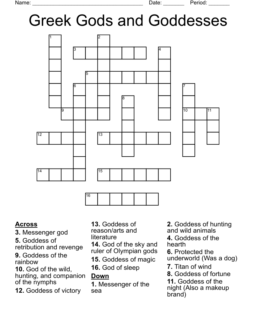 Greek Gods and Goddesses  Crossword