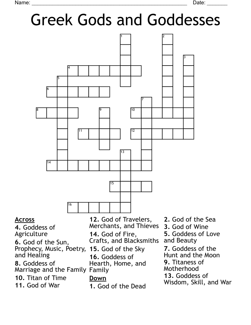 Greek Gods and Goddesses  Crossword