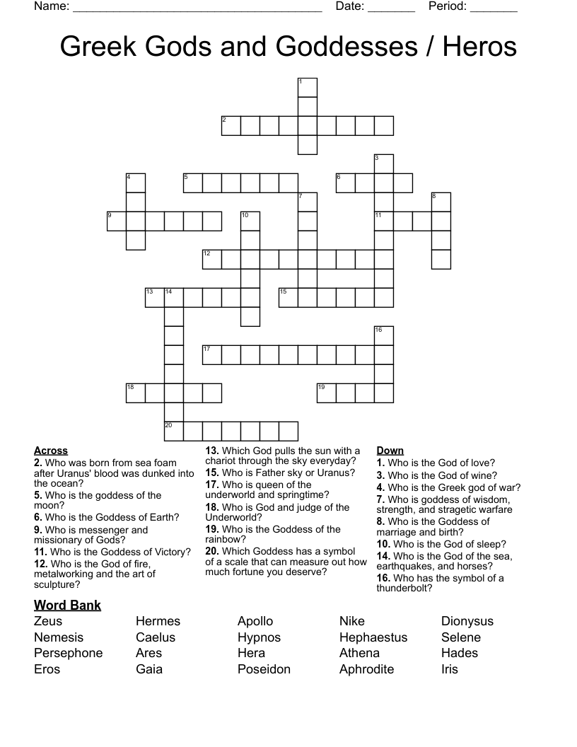 Greek Gods and Goddesses / Heros Crossword