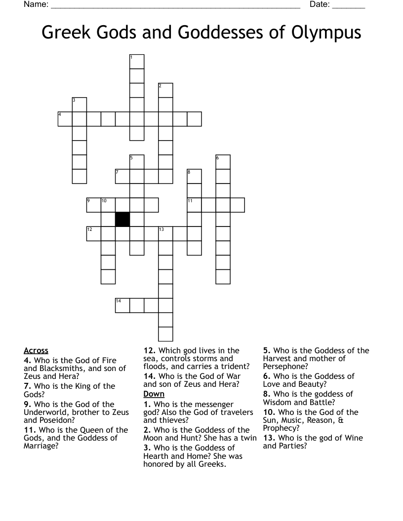 Greek Gods and Goddesses of Olympus Crossword