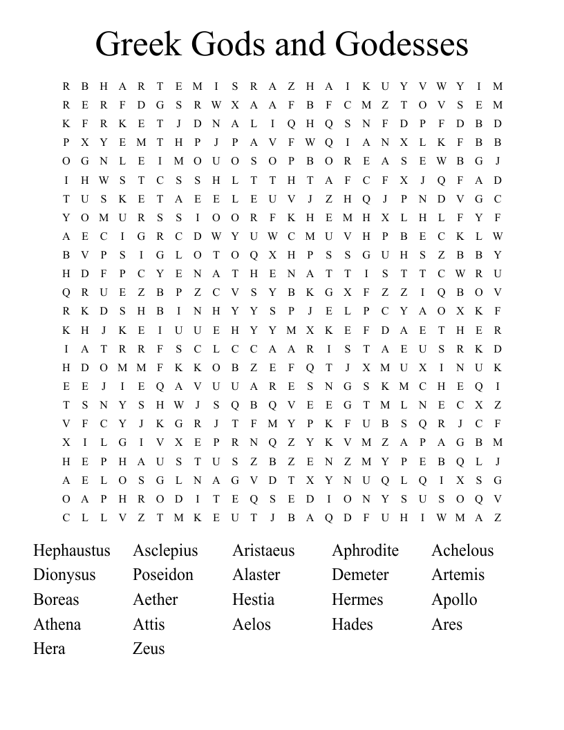 Greek Gods and Godesses Word Search