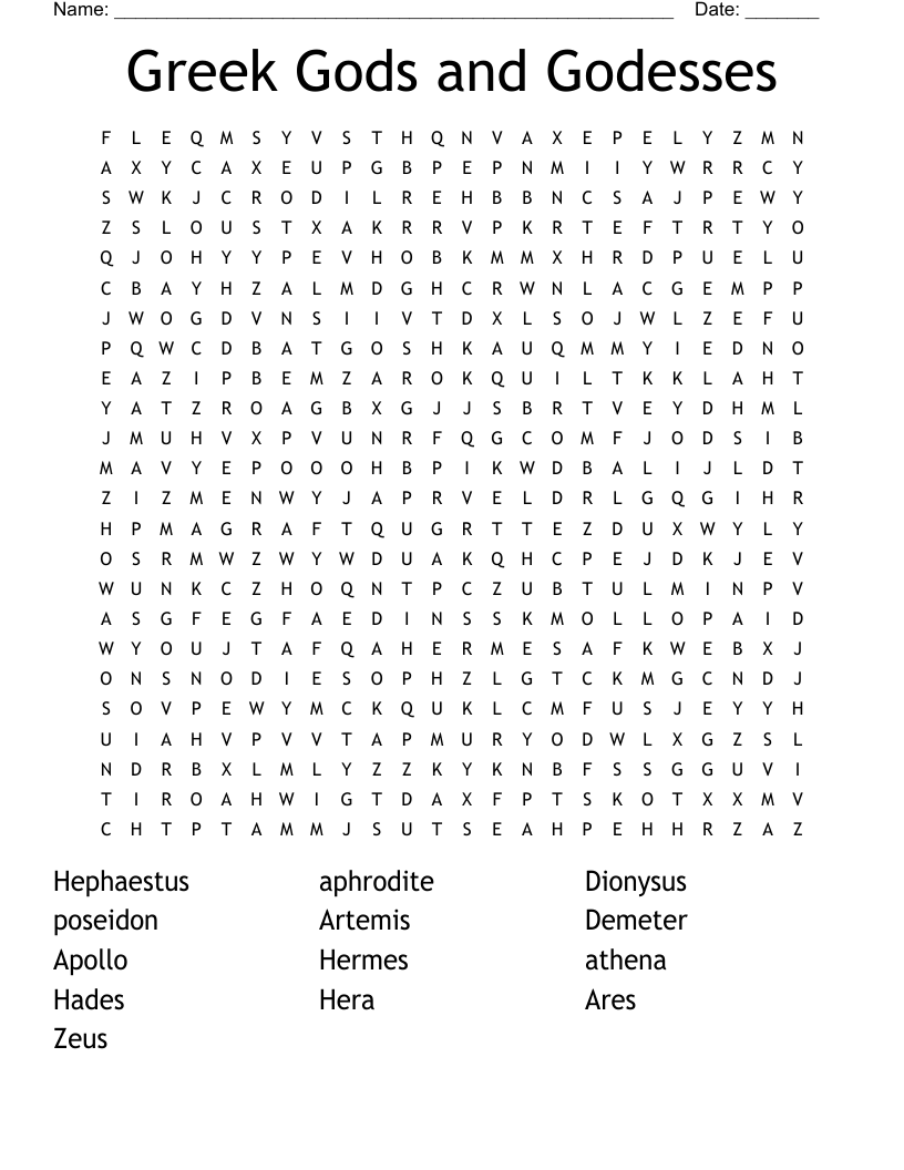 Greek Gods and Godesses Word Search