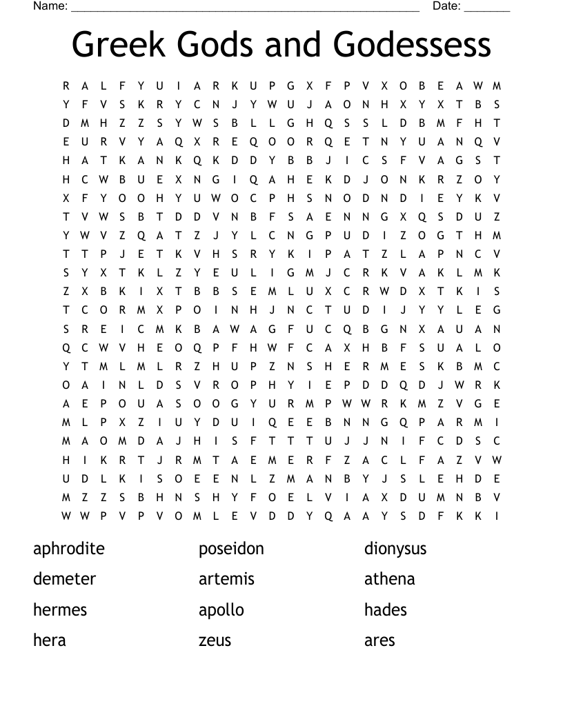 Greek Gods and Godessess Word Search
