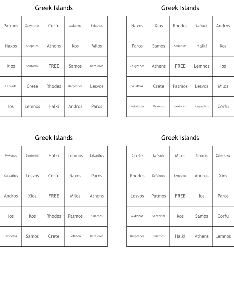 Greek Islands Bingo Cards