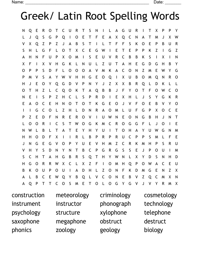 Greek/ Latin Root Spelling Words Word Search