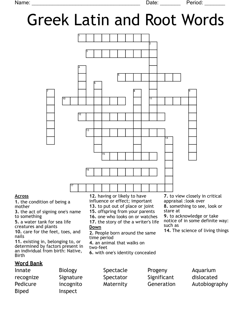 Greek Latin and Root Words Crossword