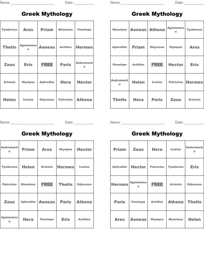 Greek Mythology Bingo Cards