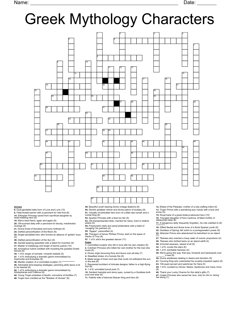 Greek Mythology Characters Crossword