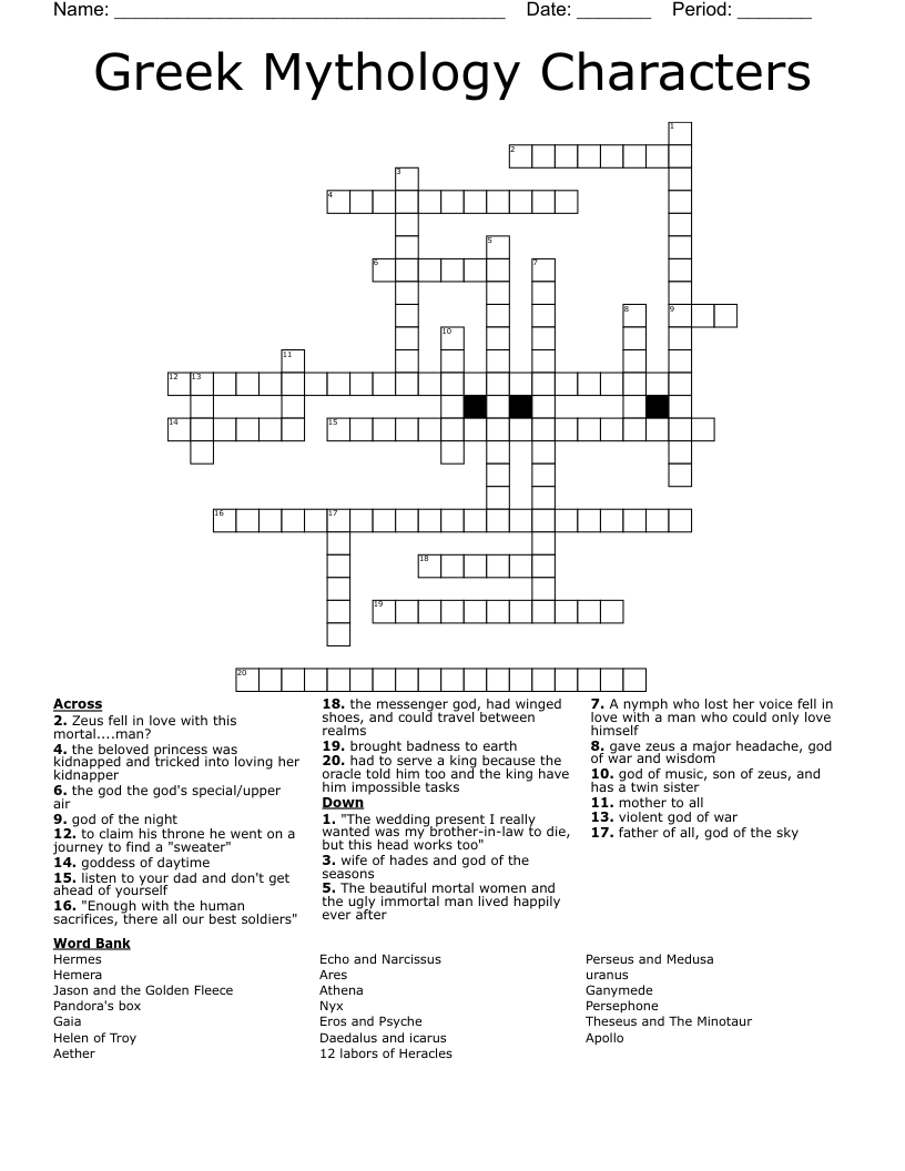 Greek Mythology Characters Crossword