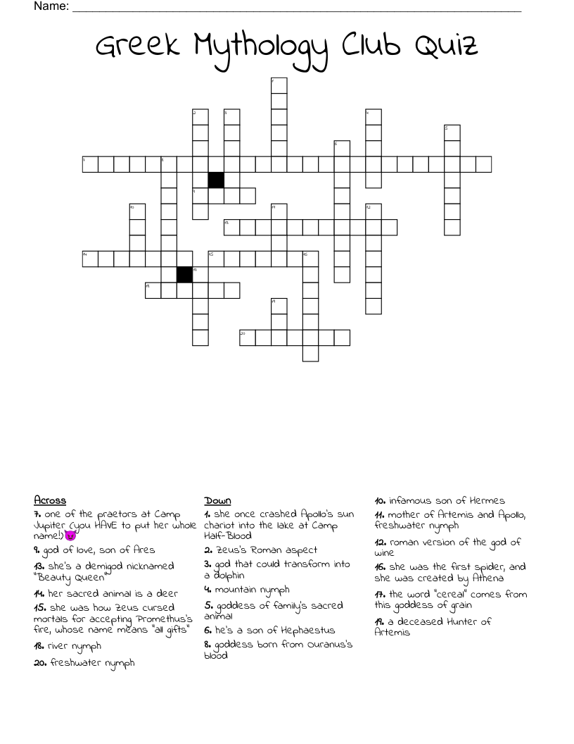 Greek Mythology Club Quiz  Crossword