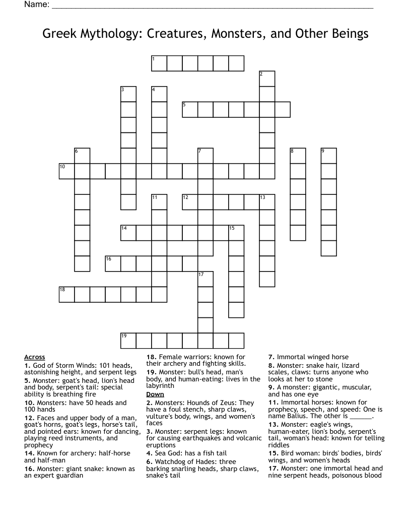 Greek Mythology: Creatures, Monsters, and Other Beings Crossword