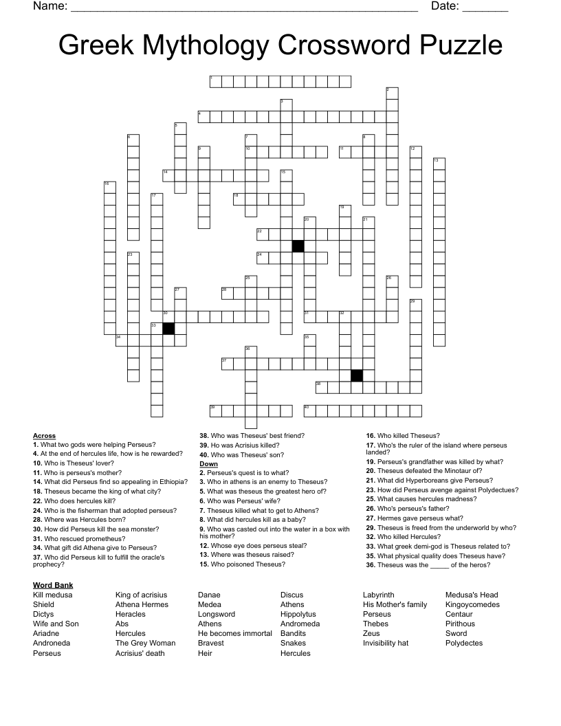 Greek Mythology Crossword Puzzle
