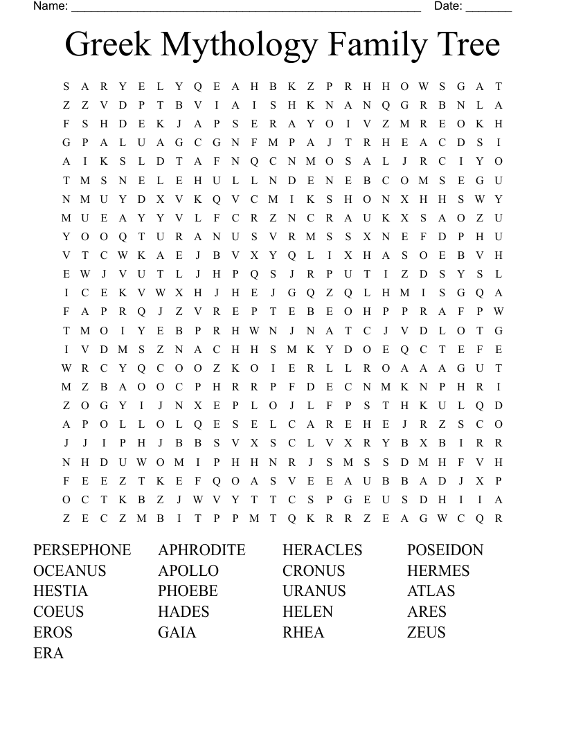 Greek Mythology Family Tree Word Search