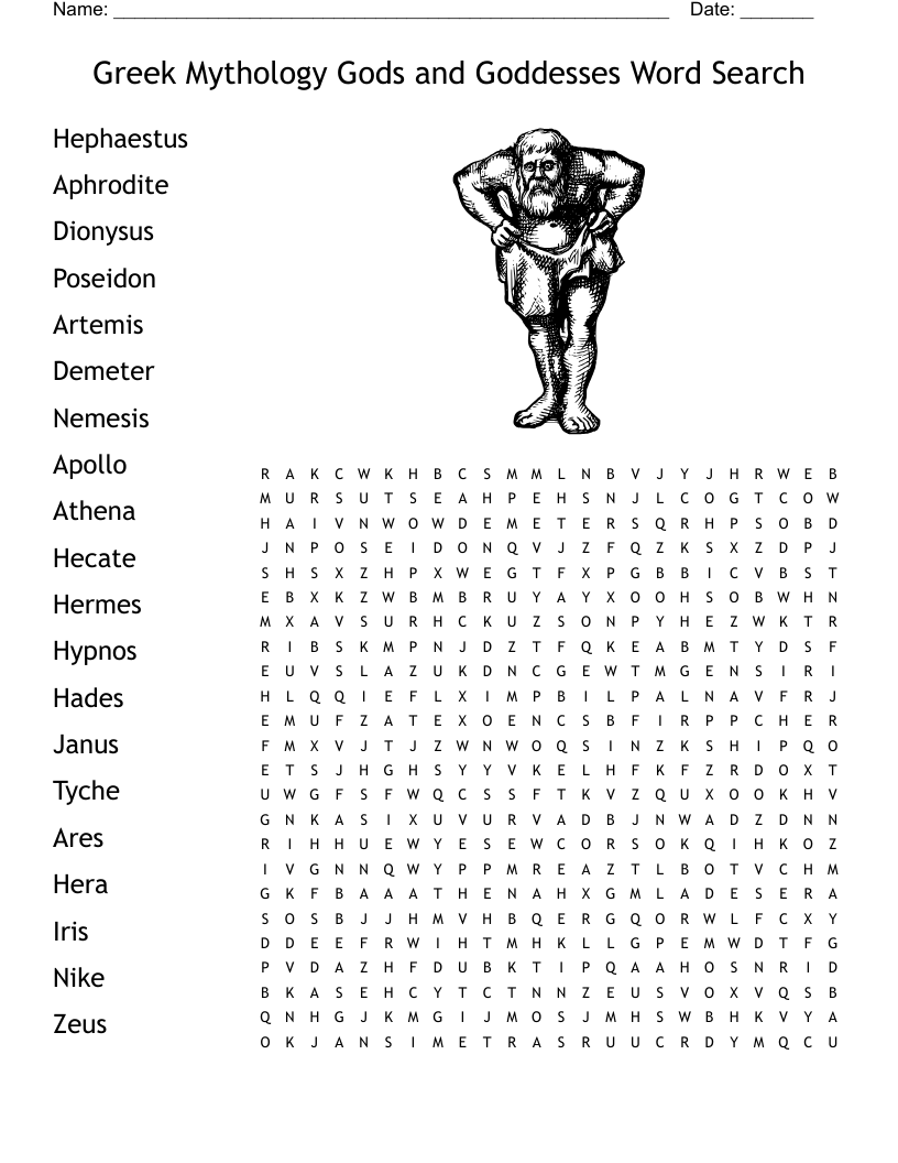 Greek Mythology Gods and Goddesses Word Search