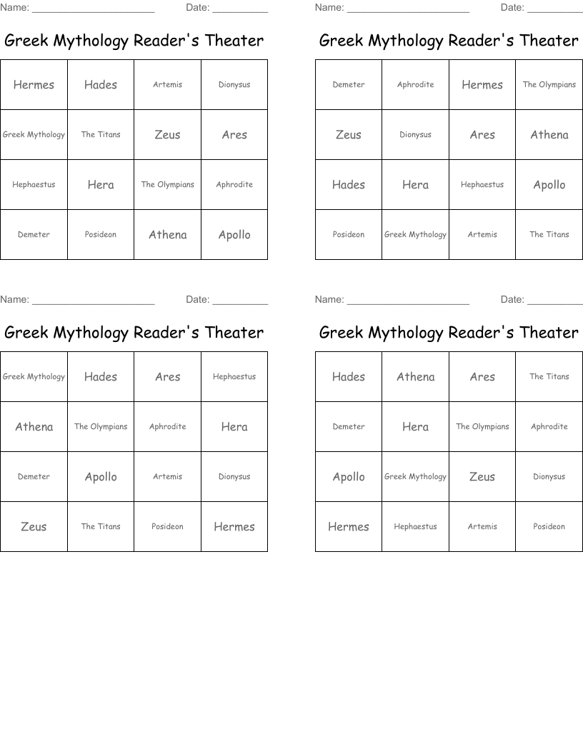 Greek Mythology Reader's Theater  Bingo Cards